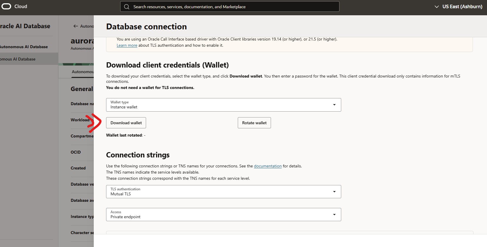 descarga del wallet desde OCI