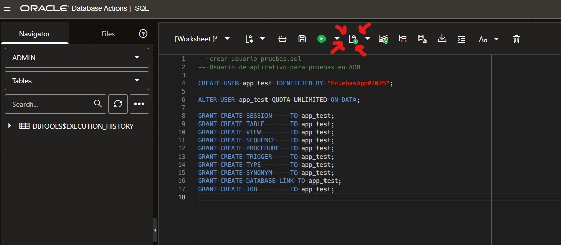 captura de database actions en OCI